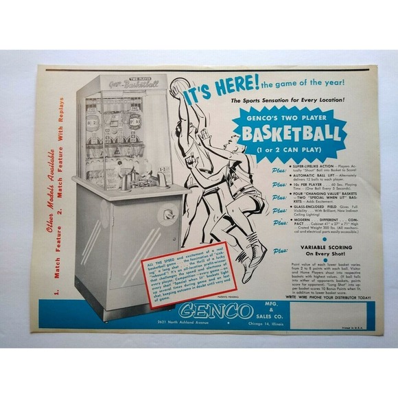 Two Player Basketball Arcade Flyer Genco Original 1954 Manikins Game Artwork - Picture 2 of 6